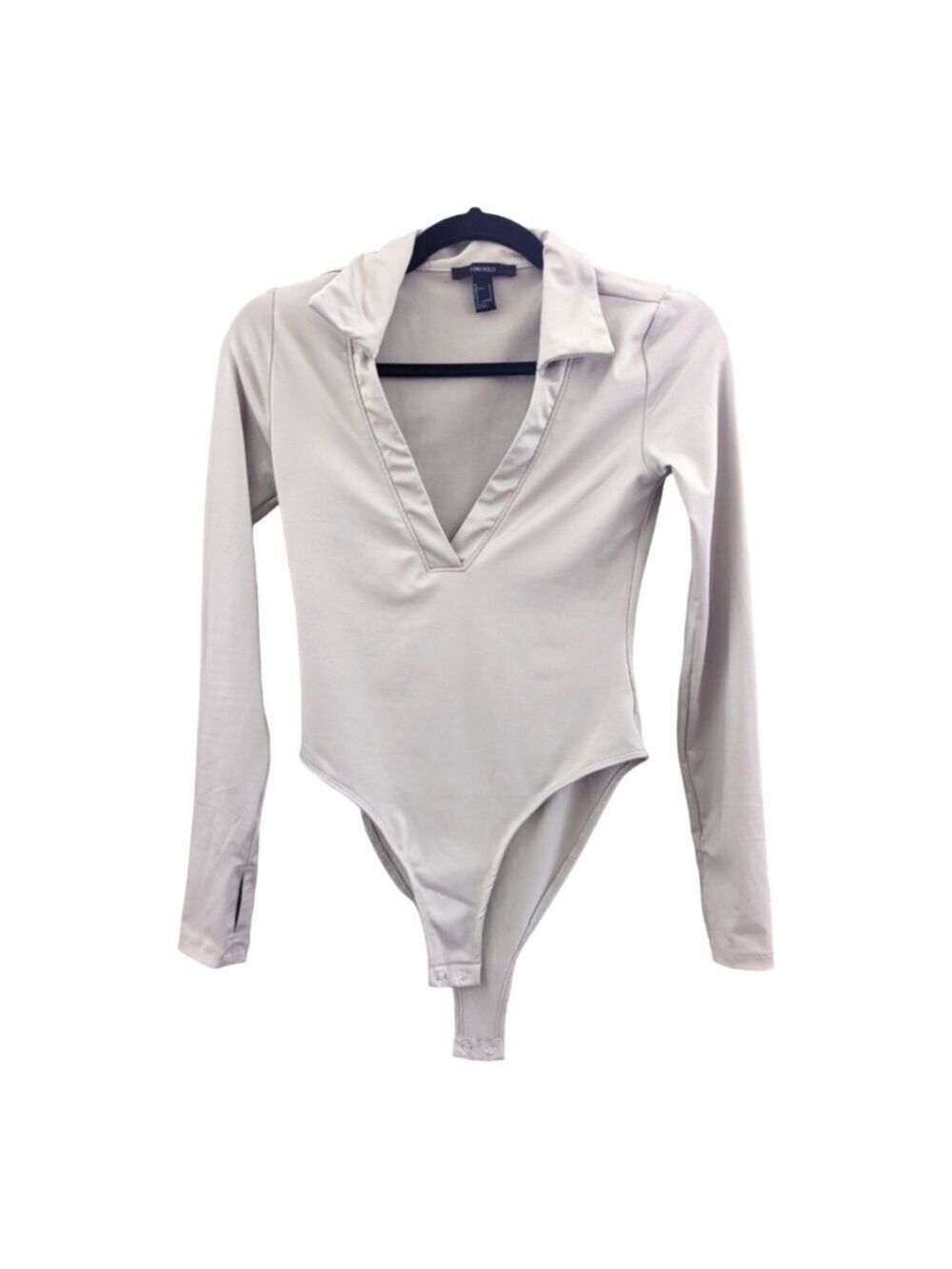 Forever 21 taupe collared deep v-neck long sleeve bodysuit, size Small